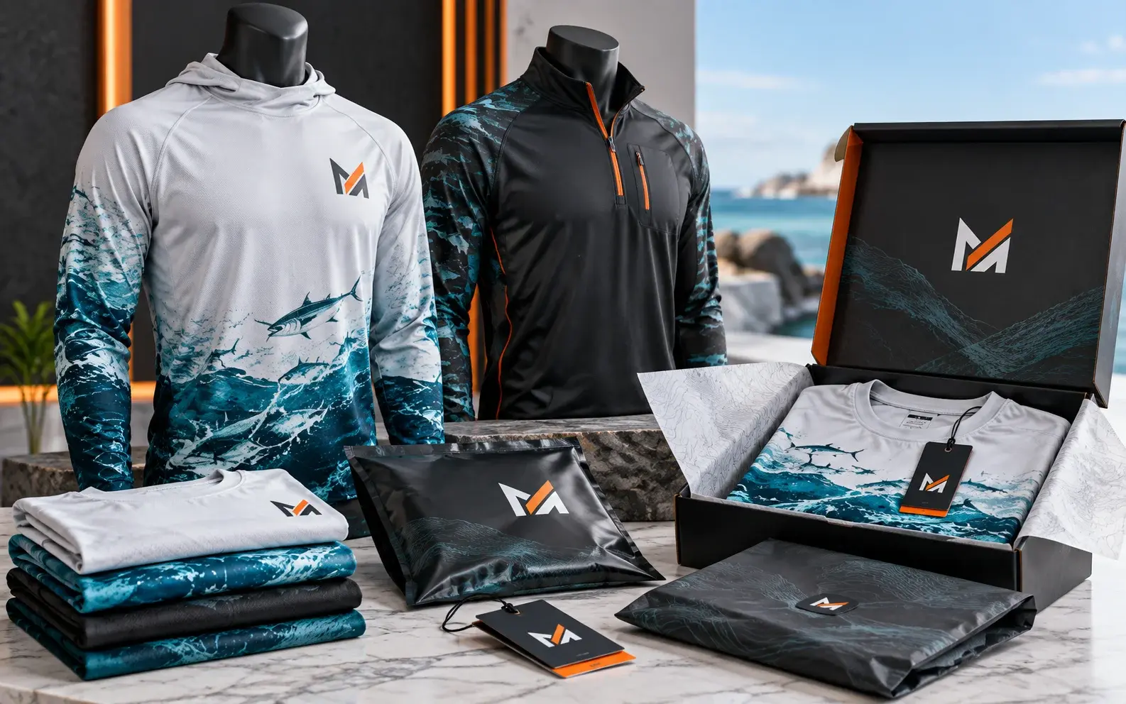 Custom fishing shirts displayed on mannequins with branded packaging, folded garments, hang tags, and shipping bags featuring Mega Apparel logos in a premium coastal showroom setting.